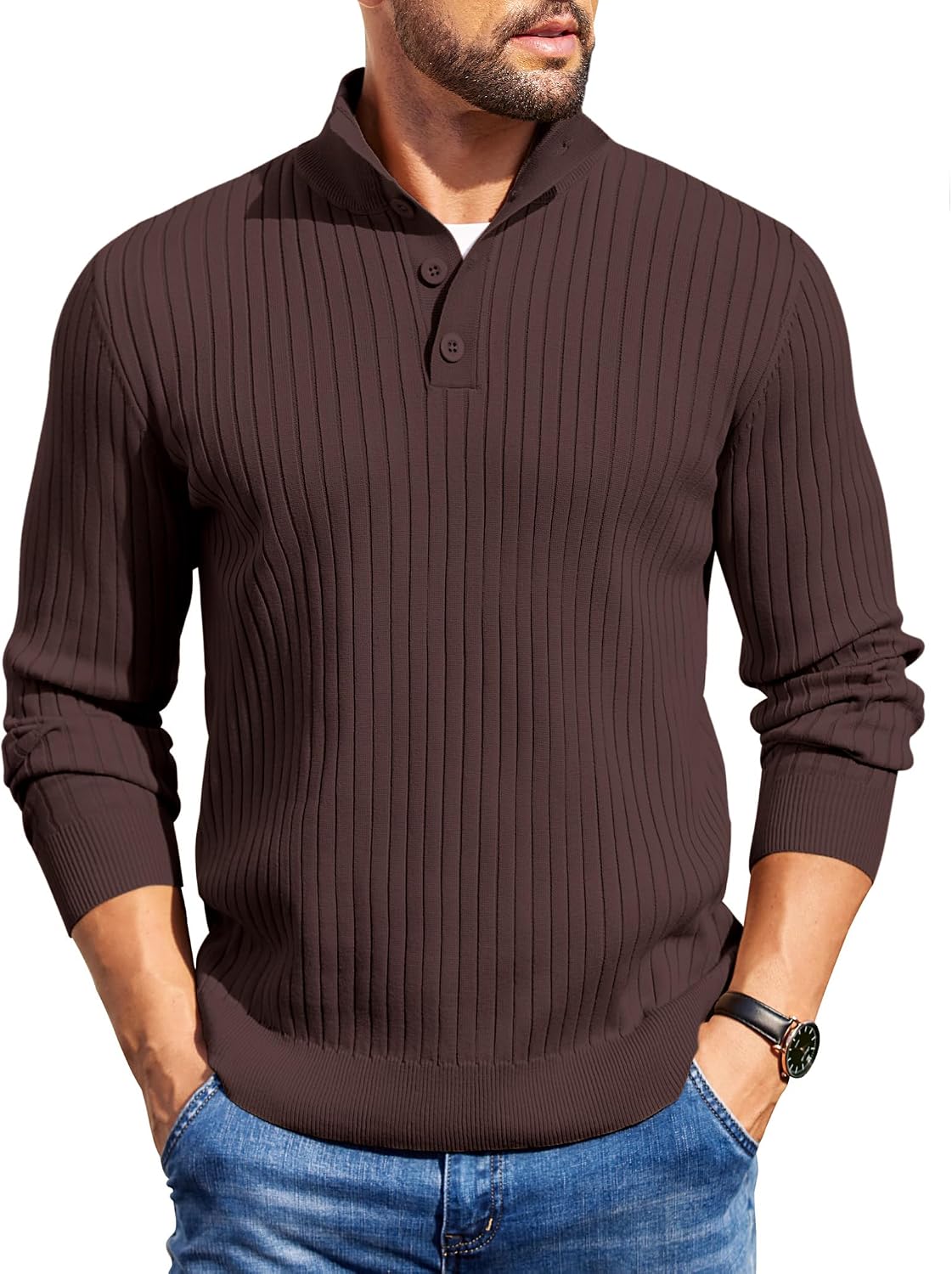 Men's Long Sleeve Ribbed Mock Neck Pullover with Quarter Button Knit