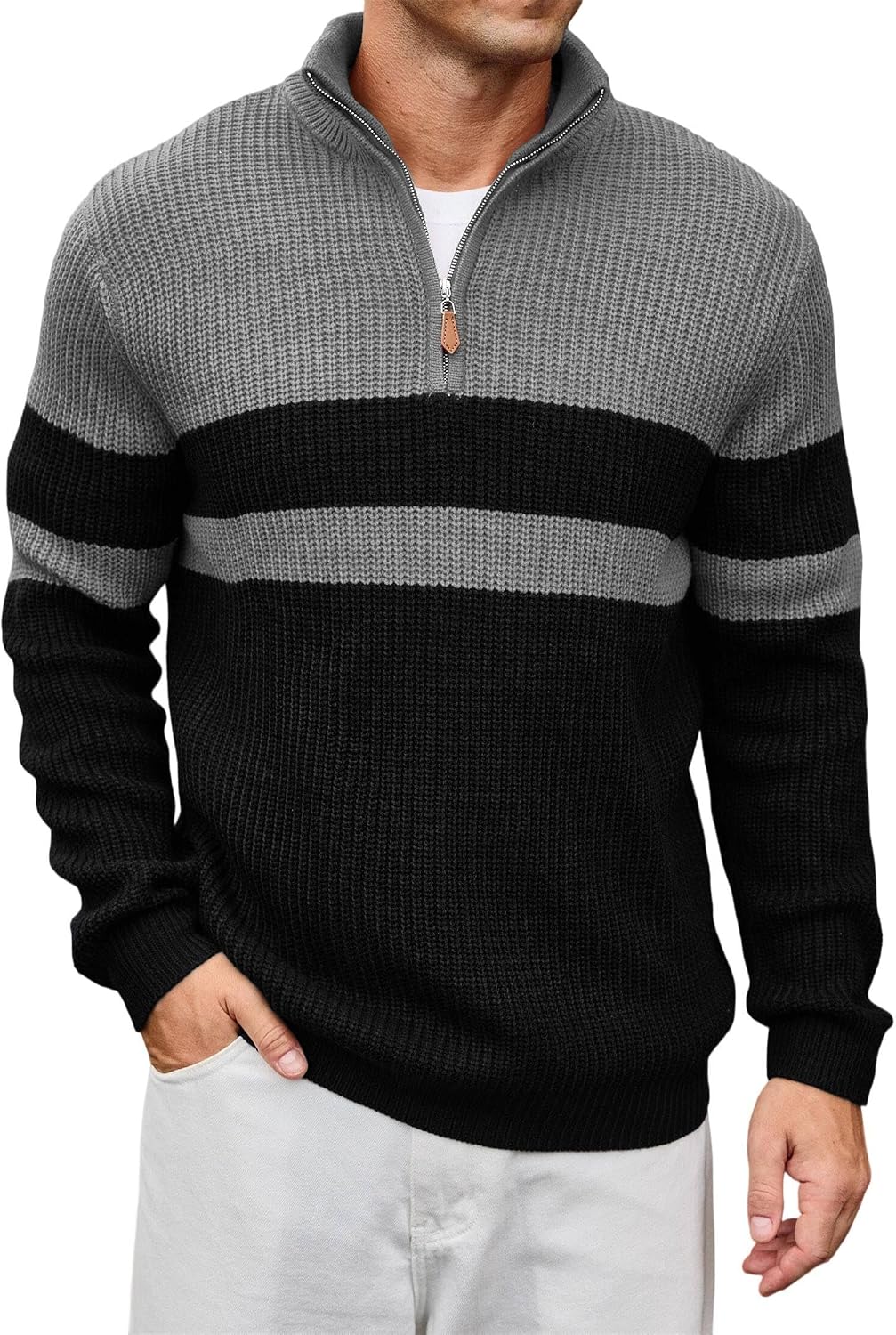 Men's Ribbed Knit Pullover with a Mock Neck and Quarter Zip Color