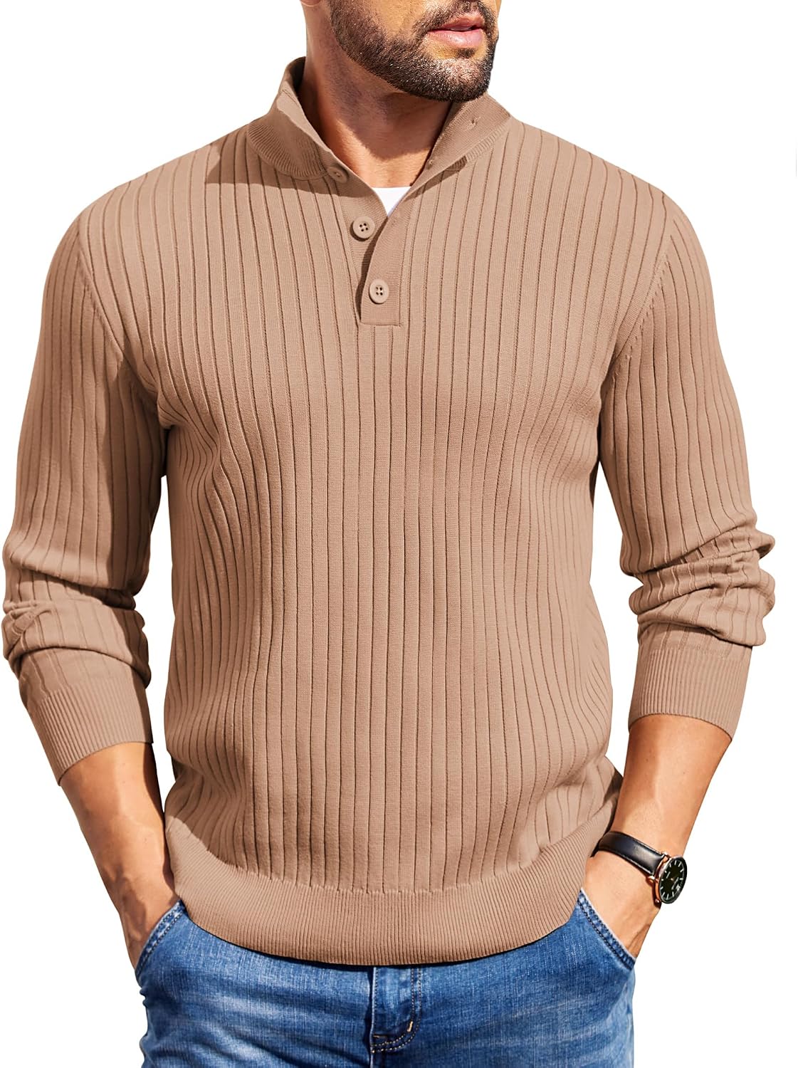 Men's Long Sleeve Ribbed Mock Neck Pullover with Quarter Button Knit