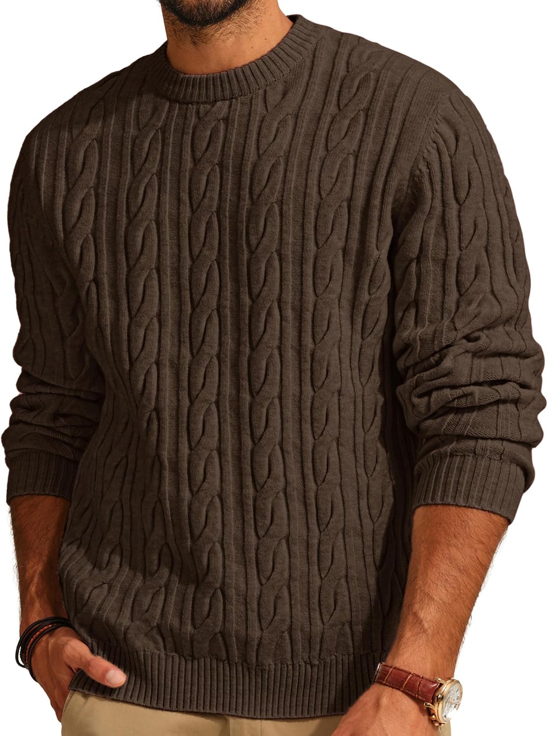 Men's Soft Textured Pullover Knit Jumper with Cable Knit Crew Neck Sweater